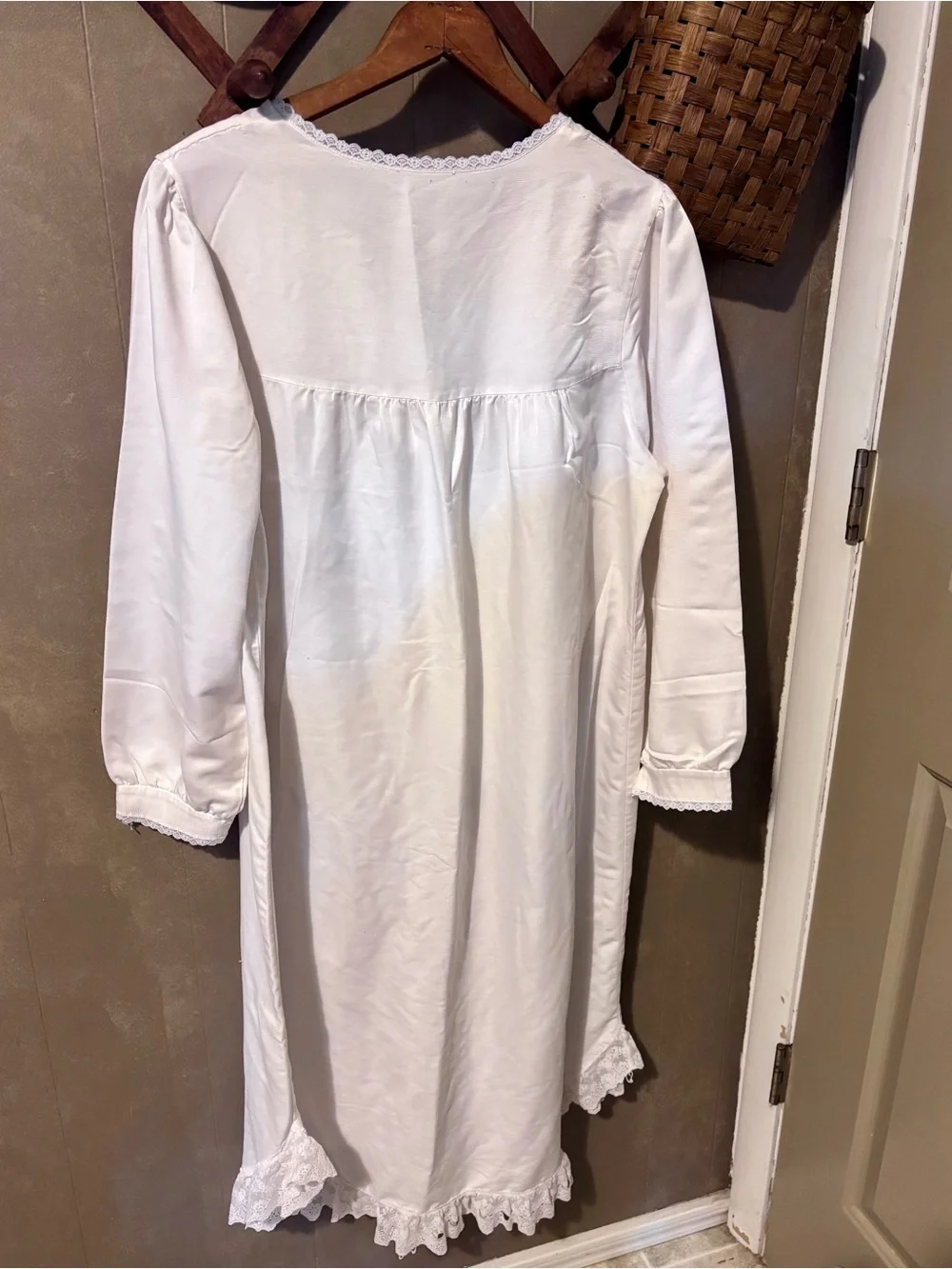 Vintage Handmade White Lace-Trim Nightgown with Pink Ribbon | Cottagecore
